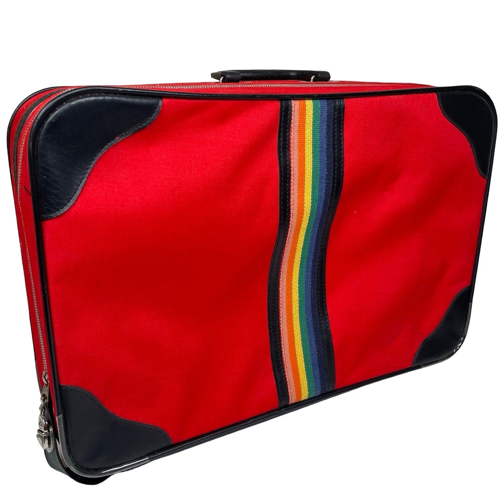 Vintage Bantam Rainbow Stripe Suitcase Red Canvas Retro Travel Luggage 70s